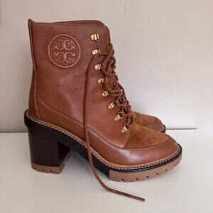 Tory Burch Women's Miller Lug Sole Leather Block Heel Boot Tan Camel Brown 9.5